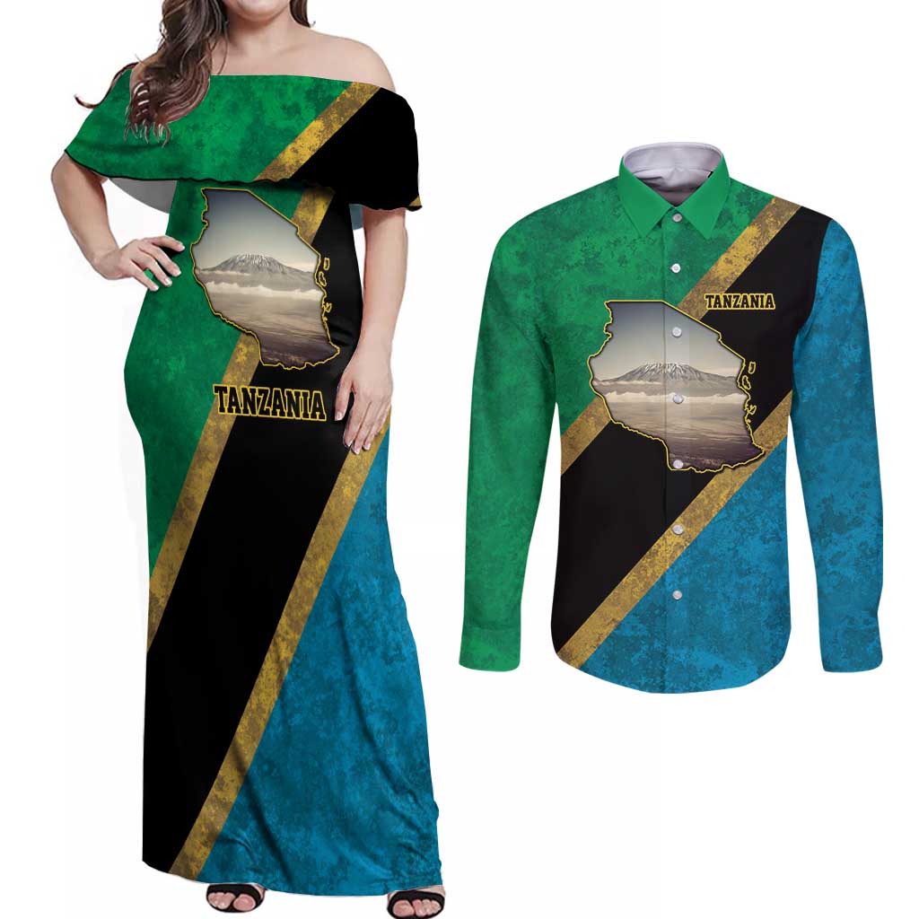 Kilimanjaro Tanzania Couples Matching Off Shoulder Maxi Dress and Long Sleeve Button Shirt Grunge Flag Map of Tanzania - Wonder Print Shop