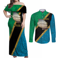 Kilimanjaro Tanzania Couples Matching Off Shoulder Maxi Dress and Long Sleeve Button Shirt Grunge Flag Map of Tanzania - Wonder Print Shop