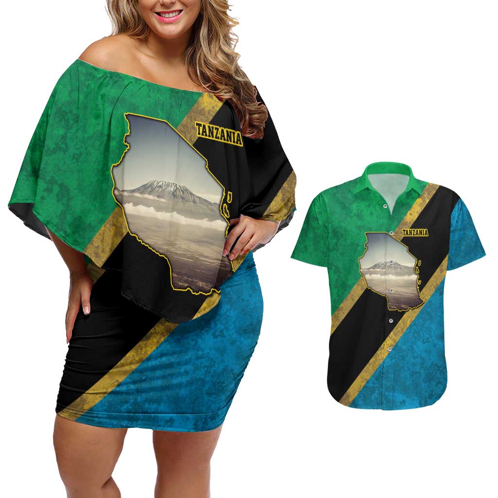 Kilimanjaro Tanzania Couples Matching Off Shoulder Short Dress and Hawaiian Shirt Grunge Flag Map of Tanzania - Wonder Print Shop