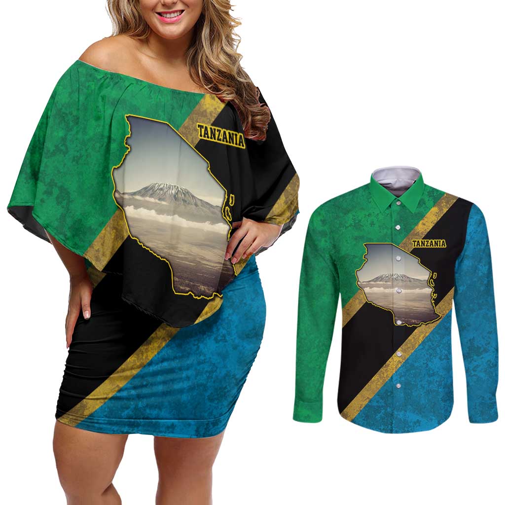 Kilimanjaro Tanzania Couples Matching Off Shoulder Short Dress and Long Sleeve Button Shirt Grunge Flag Map of Tanzania - Wonder Print Shop