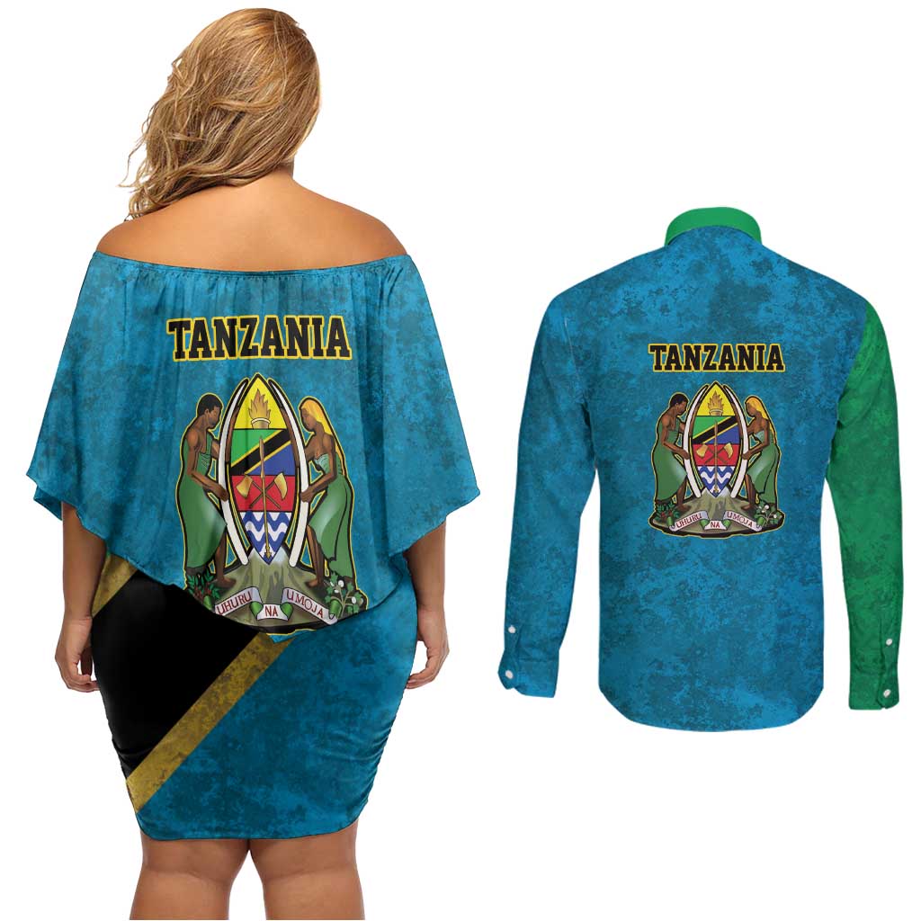 Kilimanjaro Tanzania Couples Matching Off Shoulder Short Dress and Long Sleeve Button Shirt Grunge Flag Map of Tanzania - Wonder Print Shop