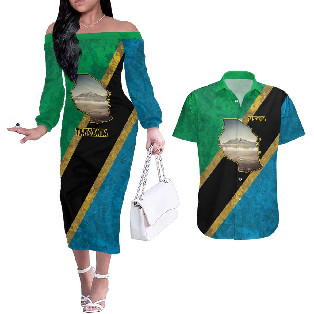 Kilimanjaro Tanzania Couples Matching Off The Shoulder Long Sleeve Dress and Hawaiian Shirt Grunge Flag Map of Tanzania - Wonder Print Shop