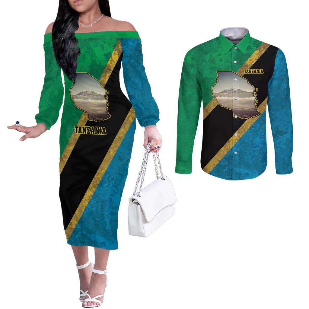 Kilimanjaro Tanzania Couples Matching Off The Shoulder Long Sleeve Dress and Long Sleeve Button Shirt Grunge Flag Map of Tanzania - Wonder Print Shop