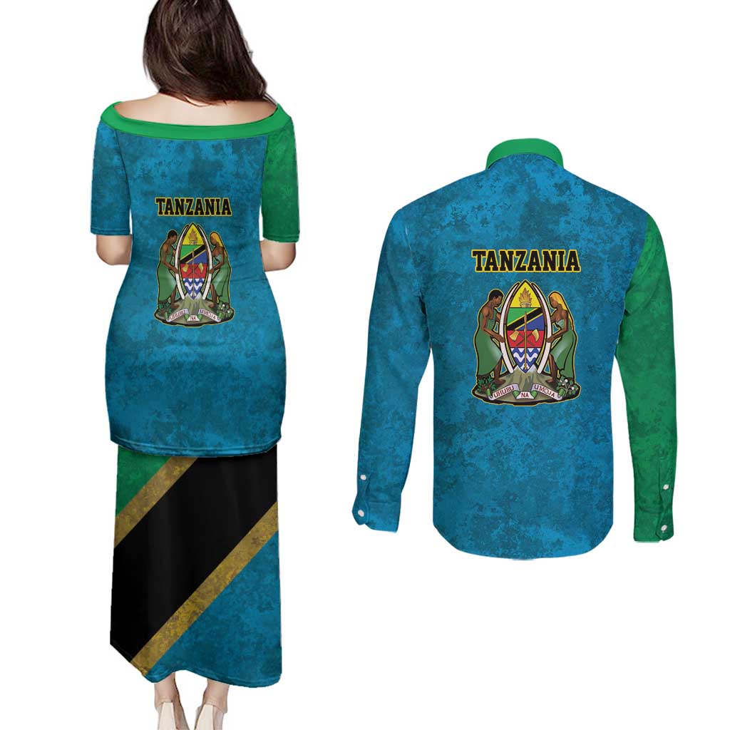 Kilimanjaro Tanzania Couples Matching Puletasi and Long Sleeve Button Shirt Grunge Flag Map of Tanzania - Wonder Print Shop