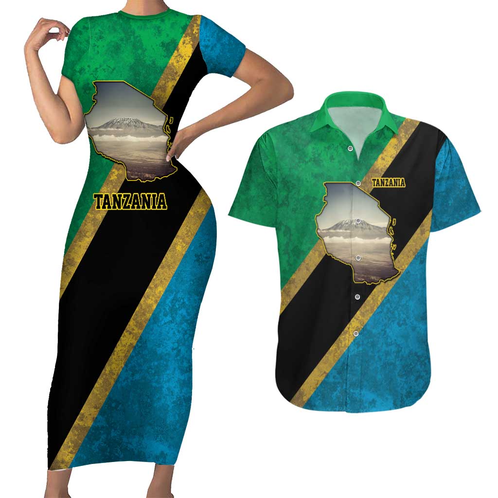 Kilimanjaro Tanzania Couples Matching Short Sleeve Bodycon Dress and Hawaiian Shirt Grunge Flag Map of Tanzania - Wonder Print Shop