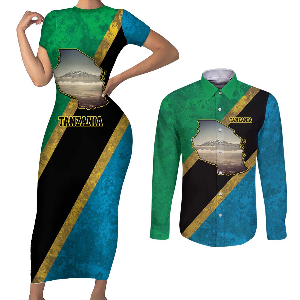 Kilimanjaro Tanzania Couples Matching Short Sleeve Bodycon Dress and Long Sleeve Button Shirt Grunge Flag Map of Tanzania - Wonder Print Shop