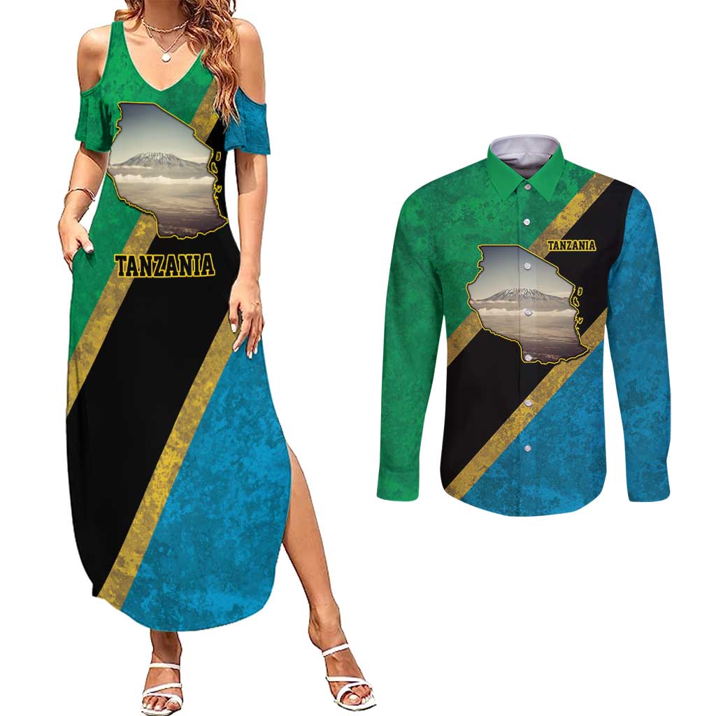 Kilimanjaro Tanzania Couples Matching Summer Maxi Dress and Long Sleeve Button Shirt Grunge Flag Map of Tanzania - Wonder Print Shop