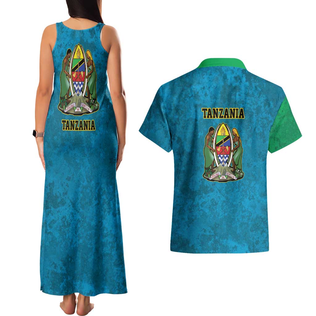 Kilimanjaro Tanzania Couples Matching Tank Maxi Dress and Hawaiian Shirt Grunge Flag Map of Tanzania - Wonder Print Shop