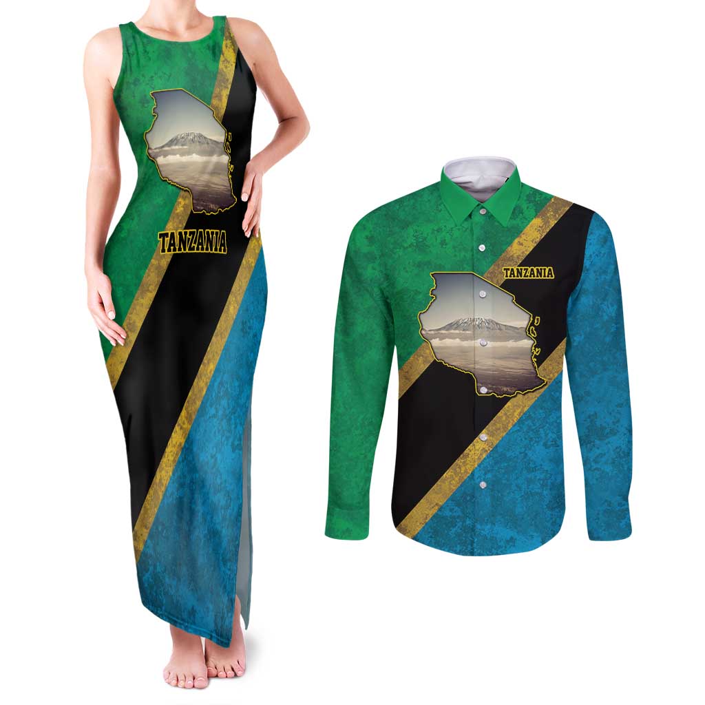 Kilimanjaro Tanzania Couples Matching Tank Maxi Dress and Long Sleeve Button Shirt Grunge Flag Map of Tanzania - Wonder Print Shop