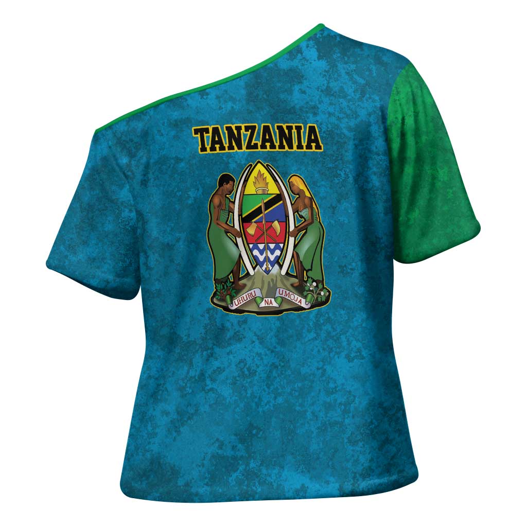 Kilimanjaro Tanzania Cross Shoulder Shirt Grunge Flag Map of Tanzania - Wonder Print Shop