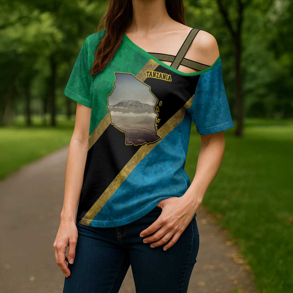 Kilimanjaro Tanzania Cross Shoulder Shirt Grunge Flag Map of Tanzania - Wonder Print Shop