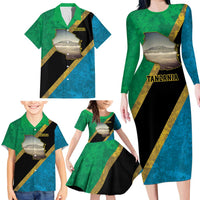 Kilimanjaro Tanzania Family Matching Long Sleeve Bodycon Dress and Hawaiian Shirt Grunge Flag Map of Tanzania - Wonder Print Shop