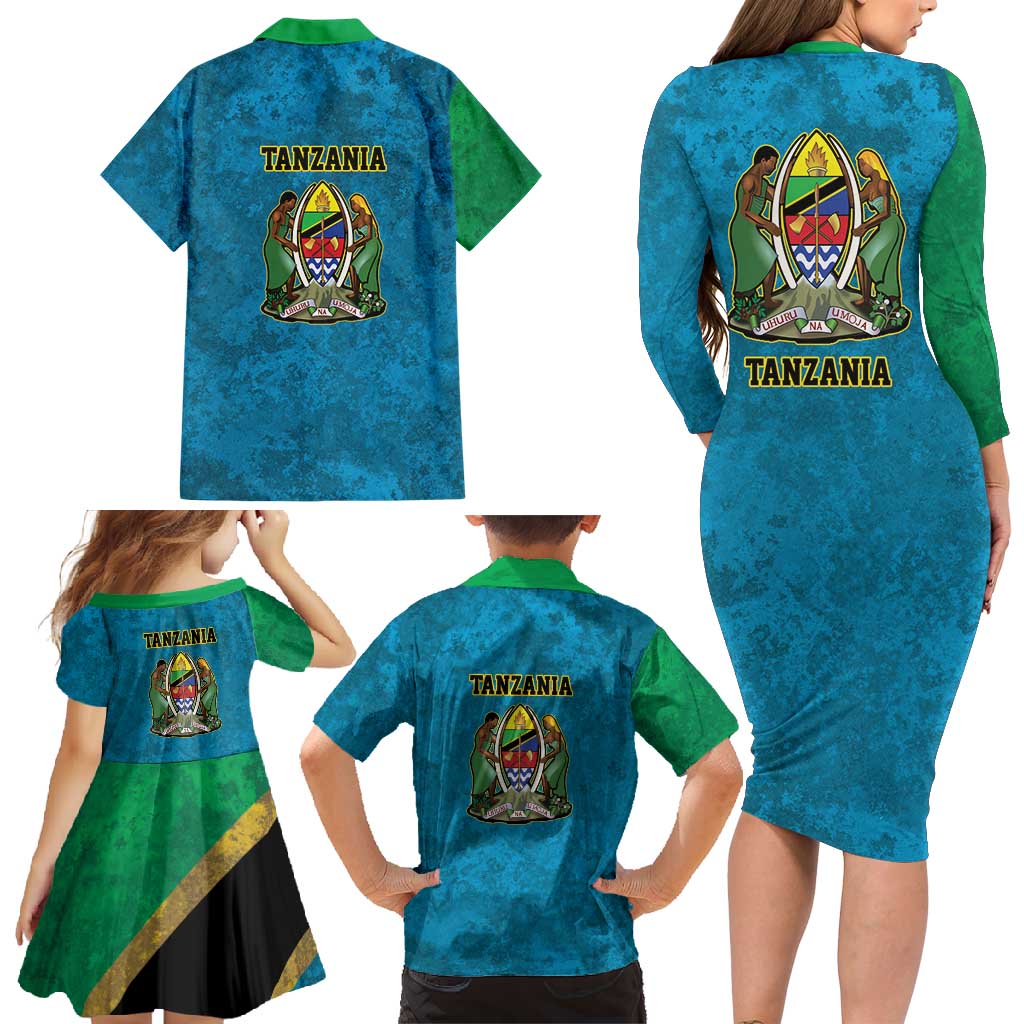 Kilimanjaro Tanzania Family Matching Long Sleeve Bodycon Dress and Hawaiian Shirt Grunge Flag Map of Tanzania - Wonder Print Shop
