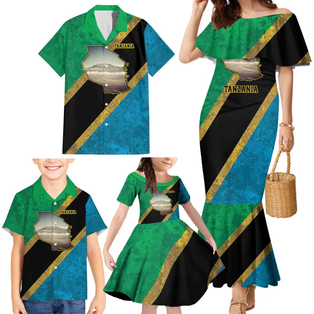 Kilimanjaro Tanzania Family Matching Mermaid Dress and Hawaiian Shirt Grunge Flag Map of Tanzania - Wonder Print Shop