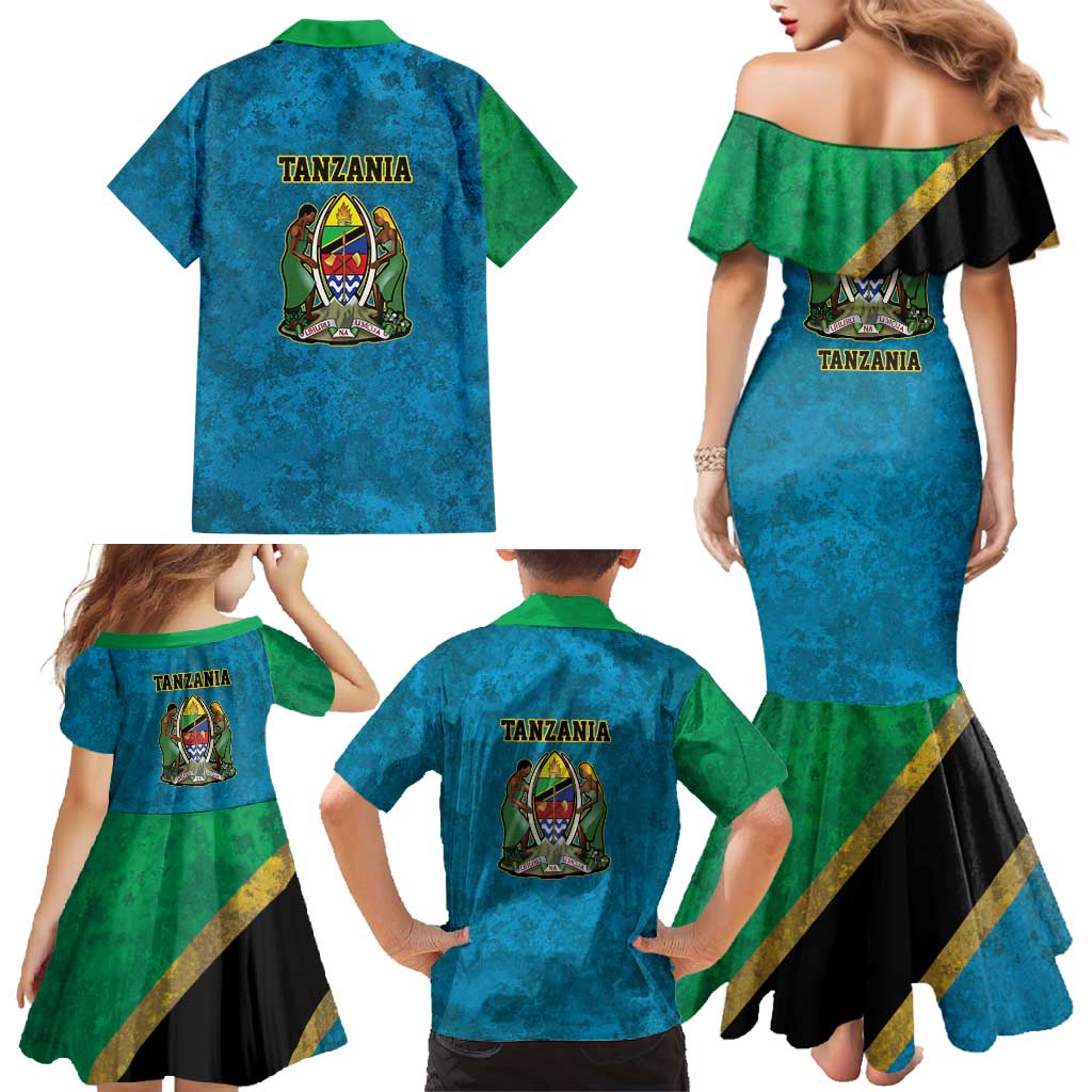 Kilimanjaro Tanzania Family Matching Mermaid Dress and Hawaiian Shirt Grunge Flag Map of Tanzania - Wonder Print Shop