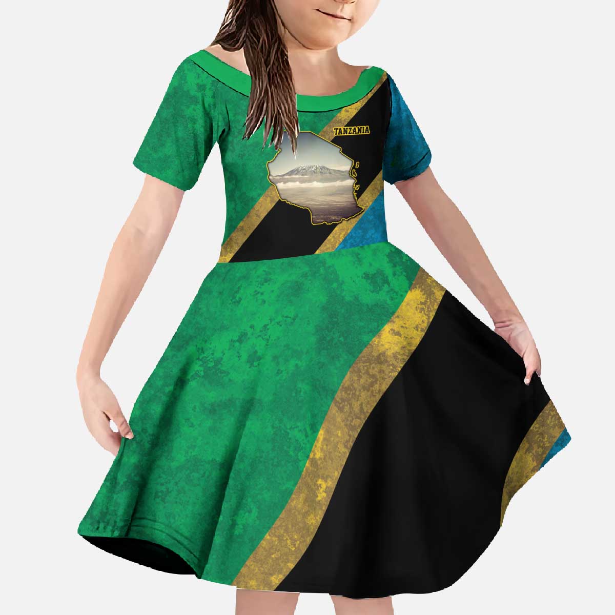 Kilimanjaro Tanzania Family Matching Off The Shoulder Long Sleeve Dress and Hawaiian Shirt Grunge Flag Map of Tanzania - Wonder Print Shop