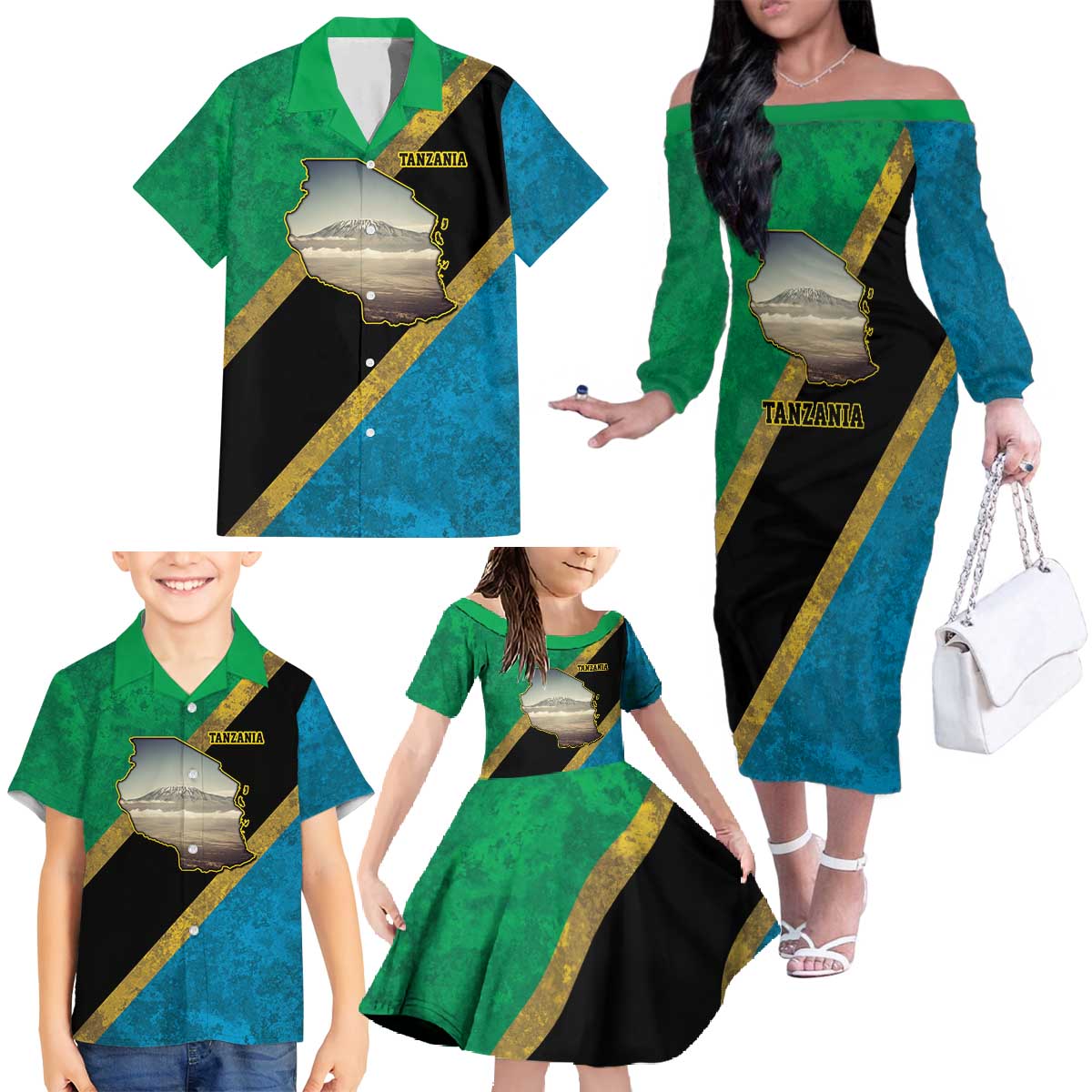 Kilimanjaro Tanzania Family Matching Off The Shoulder Long Sleeve Dress and Hawaiian Shirt Grunge Flag Map of Tanzania - Wonder Print Shop