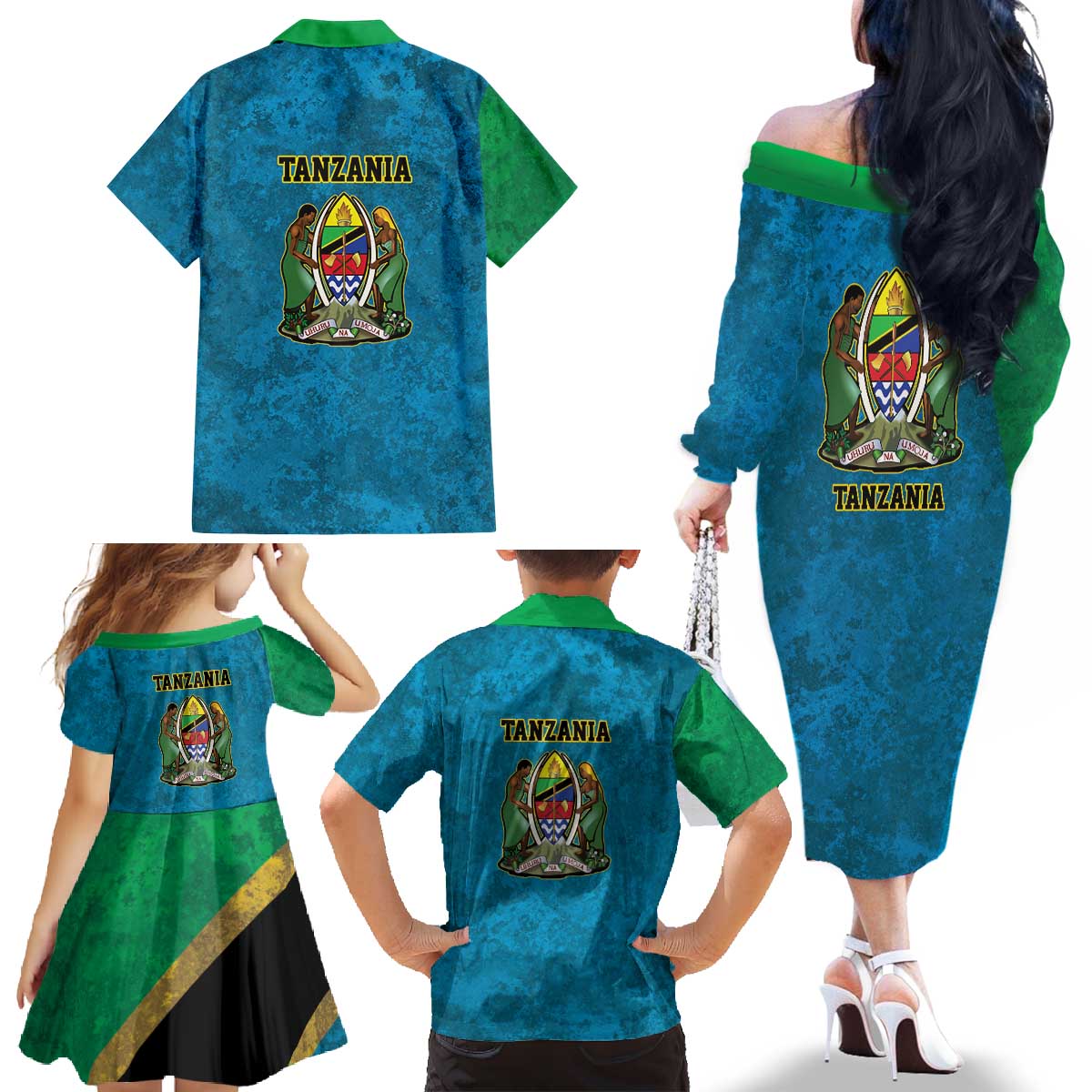 Kilimanjaro Tanzania Family Matching Off The Shoulder Long Sleeve Dress and Hawaiian Shirt Grunge Flag Map of Tanzania - Wonder Print Shop