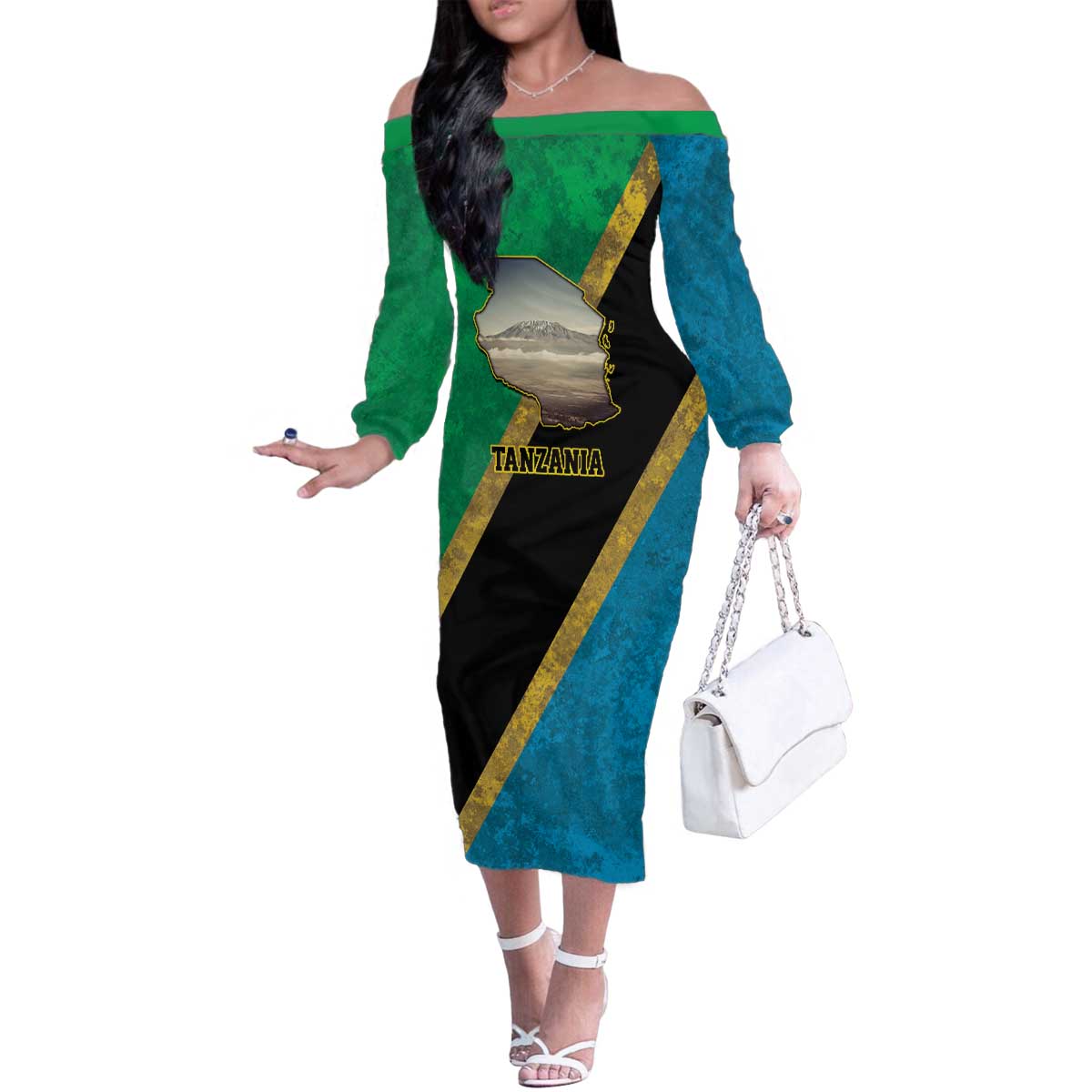 Kilimanjaro Tanzania Family Matching Off The Shoulder Long Sleeve Dress and Hawaiian Shirt Grunge Flag Map of Tanzania - Wonder Print Shop