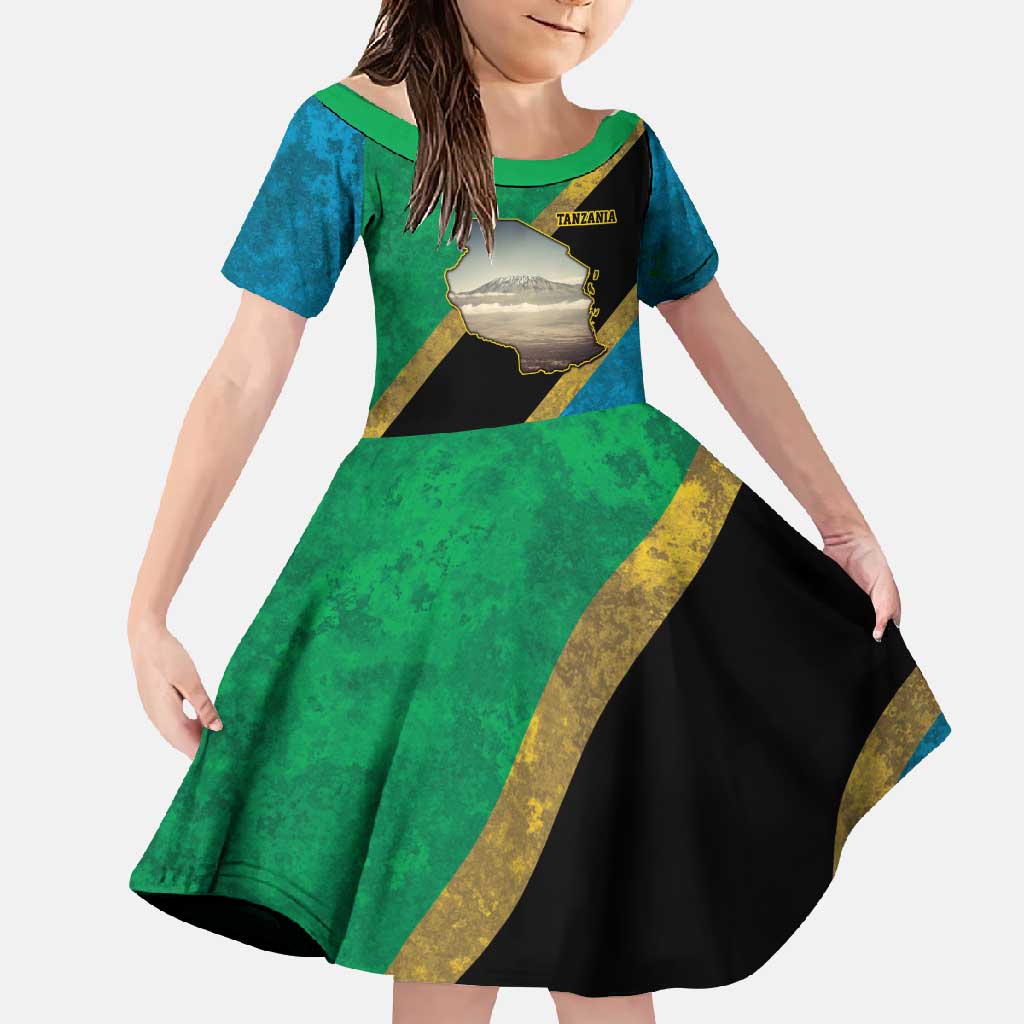 Kilimanjaro Tanzania Family Matching Off Shoulder Maxi Dress and Hawaiian Shirt Grunge Flag Map of Tanzania - Wonder Print Shop