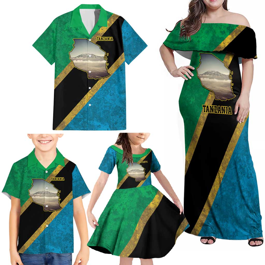 Kilimanjaro Tanzania Family Matching Off Shoulder Maxi Dress and Hawaiian Shirt Grunge Flag Map of Tanzania - Wonder Print Shop