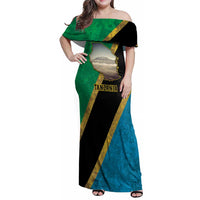 Kilimanjaro Tanzania Family Matching Off Shoulder Maxi Dress and Hawaiian Shirt Grunge Flag Map of Tanzania - Wonder Print Shop