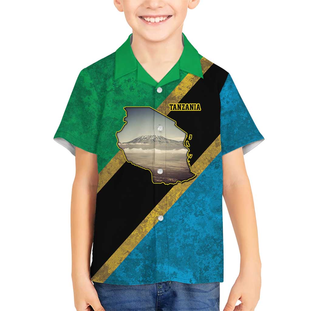 Kilimanjaro Tanzania Family Matching Off Shoulder Maxi Dress and Hawaiian Shirt Grunge Flag Map of Tanzania - Wonder Print Shop
