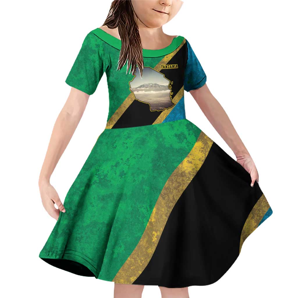 Kilimanjaro Tanzania Family Matching Off Shoulder Short Dress and Hawaiian Shirt Grunge Flag Map of Tanzania - Wonder Print Shop