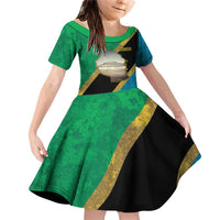 Kilimanjaro Tanzania Family Matching Off Shoulder Short Dress and Hawaiian Shirt Grunge Flag Map of Tanzania - Wonder Print Shop