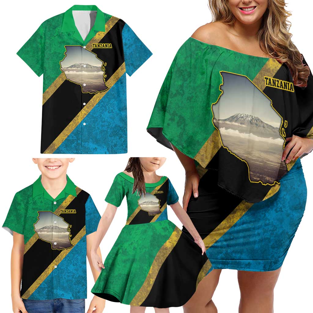 Kilimanjaro Tanzania Family Matching Off Shoulder Short Dress and Hawaiian Shirt Grunge Flag Map of Tanzania - Wonder Print Shop