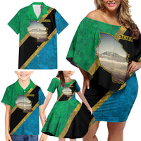 Kilimanjaro Tanzania Family Matching Off Shoulder Short Dress and Hawaiian Shirt Grunge Flag Map of Tanzania - Wonder Print Shop