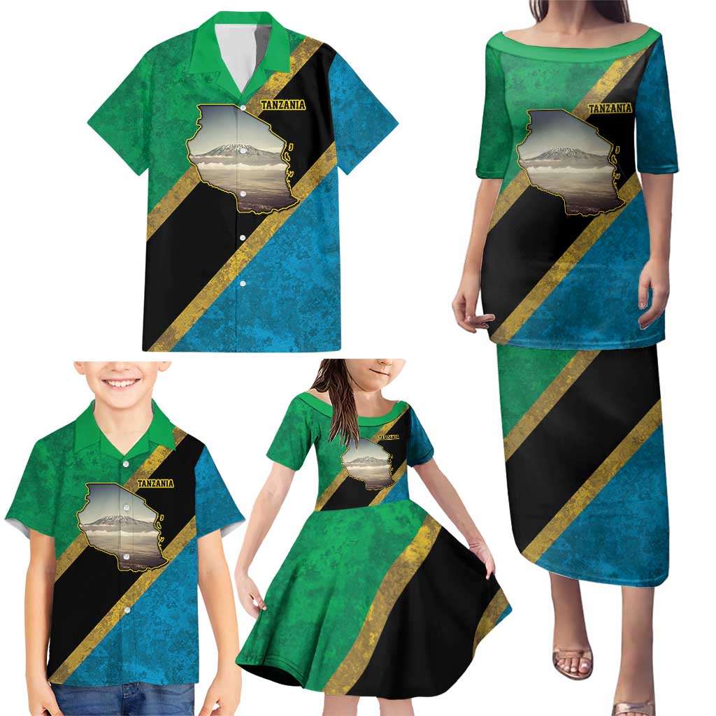 Kilimanjaro Tanzania Family Matching Puletasi and Hawaiian Shirt Grunge Flag Map of Tanzania - Wonder Print Shop