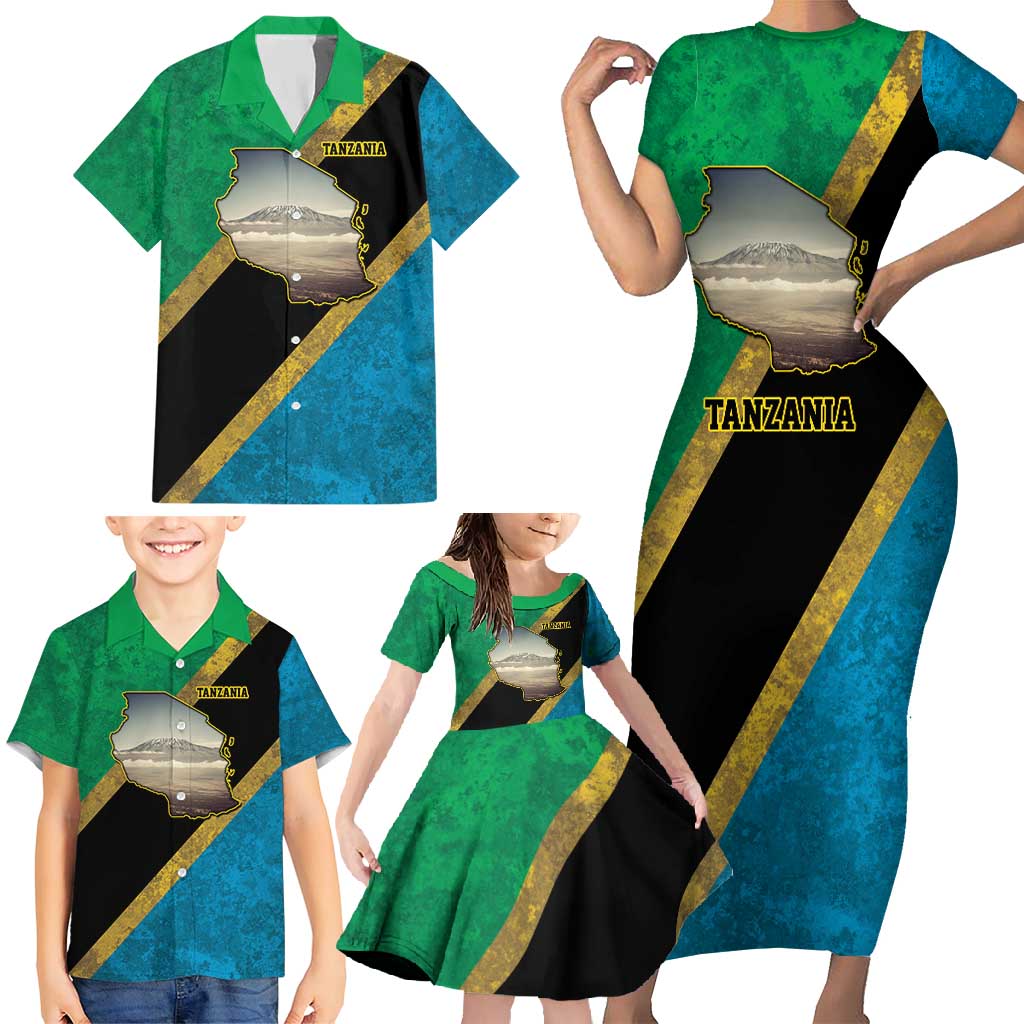 Kilimanjaro Tanzania Family Matching Short Sleeve Bodycon Dress and Hawaiian Shirt Grunge Flag Map of Tanzania - Wonder Print Shop