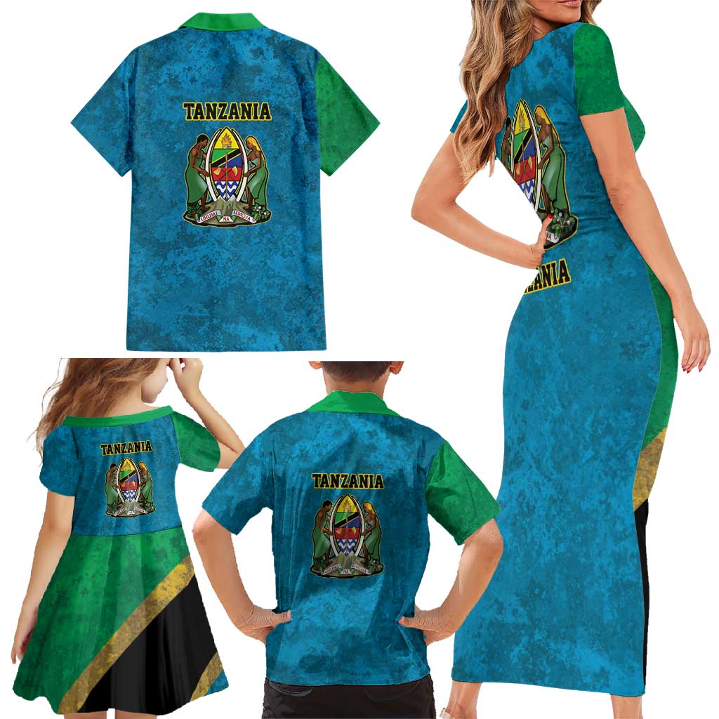 Kilimanjaro Tanzania Family Matching Short Sleeve Bodycon Dress and Hawaiian Shirt Grunge Flag Map of Tanzania - Wonder Print Shop