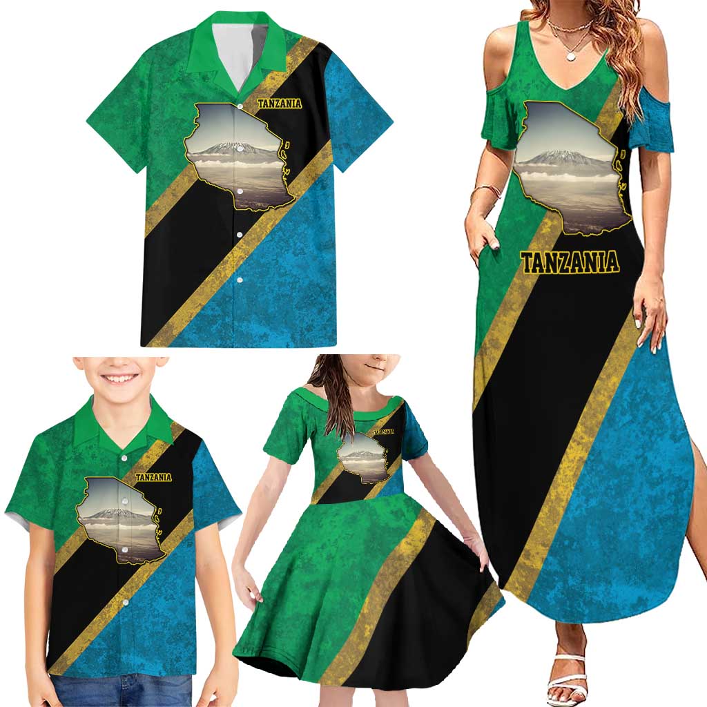 Kilimanjaro Tanzania Family Matching Summer Maxi Dress and Hawaiian Shirt Grunge Flag Map of Tanzania - Wonder Print Shop