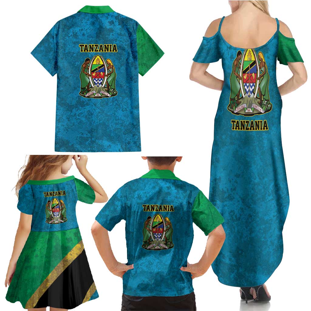 Kilimanjaro Tanzania Family Matching Summer Maxi Dress and Hawaiian Shirt Grunge Flag Map of Tanzania - Wonder Print Shop