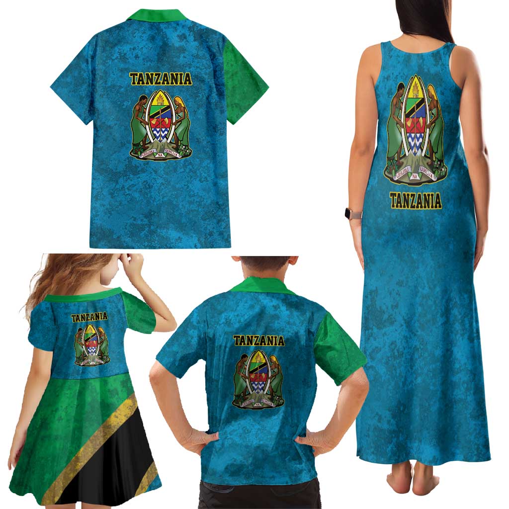 Kilimanjaro Tanzania Family Matching Tank Maxi Dress and Hawaiian Shirt Grunge Flag Map of Tanzania - Wonder Print Shop