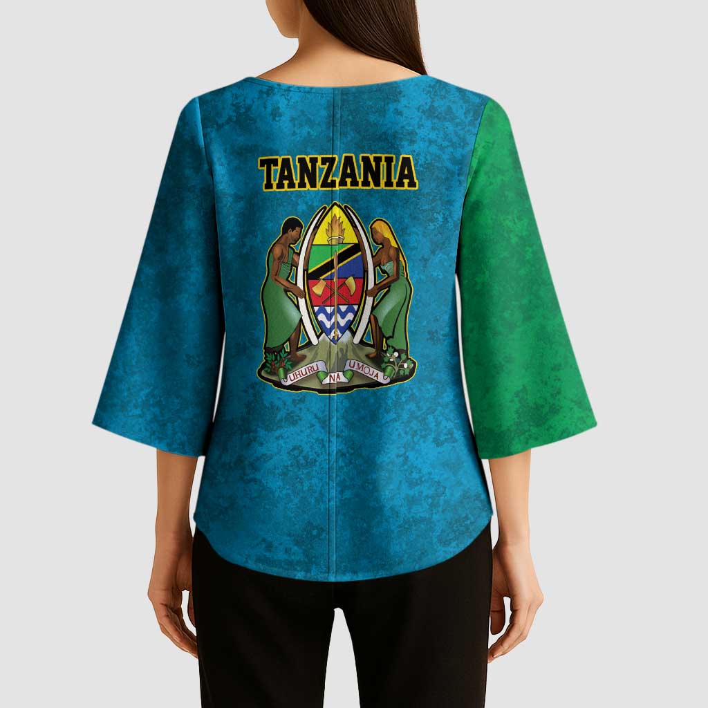 Kilimanjaro Tanzania Kimono Sleeve Blouse Grunge Flag Map of Tanzania - Wonder Print Shop