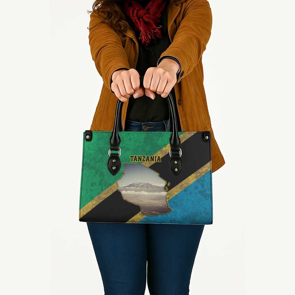Kilimanjaro Tanzania Leather Bag Grunge Flag Map of Tanzania - Wonder Print Shop