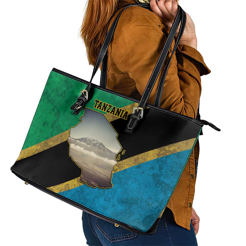 Kilimanjaro Tanzania Leather Tote Bag Grunge Flag Map of Tanzania - Wonder Print Shop