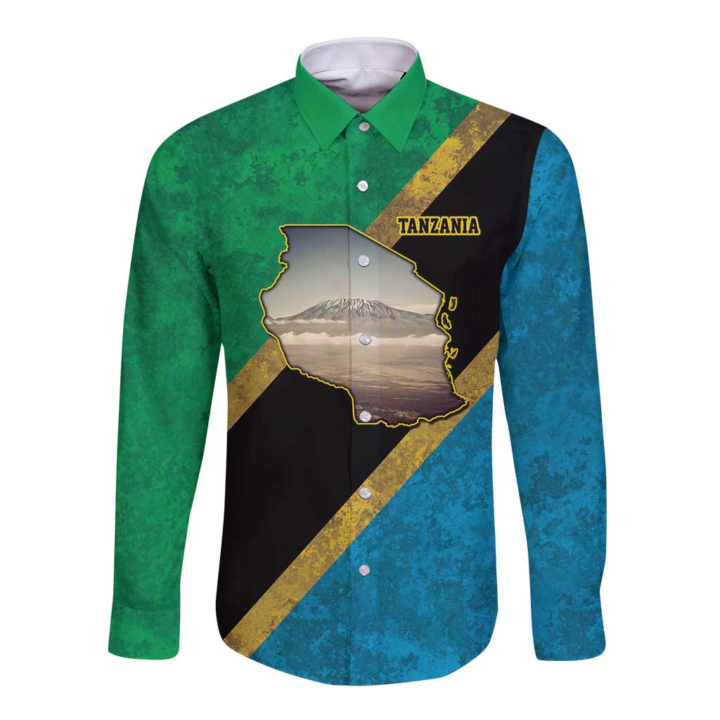 Kilimanjaro Tanzania Long Sleeve Button Shirt Grunge Flag Map of Tanzania - Wonder Print Shop
