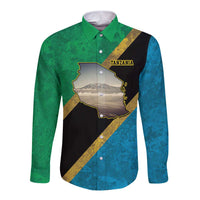 Kilimanjaro Tanzania Long Sleeve Button Shirt Grunge Flag Map of Tanzania - Wonder Print Shop