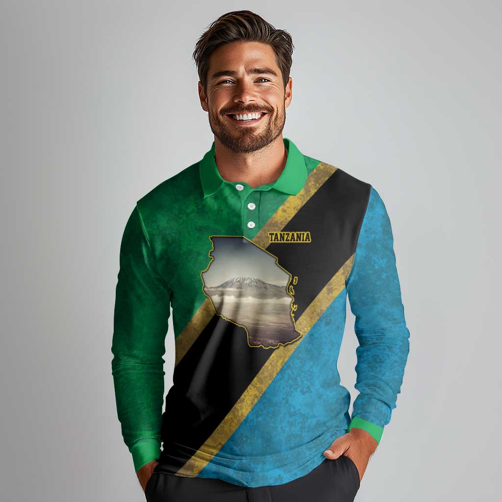 Kilimanjaro Tanzania Long Sleeve Polo Shirt Grunge Flag Map of Tanzania - Wonder Print Shop