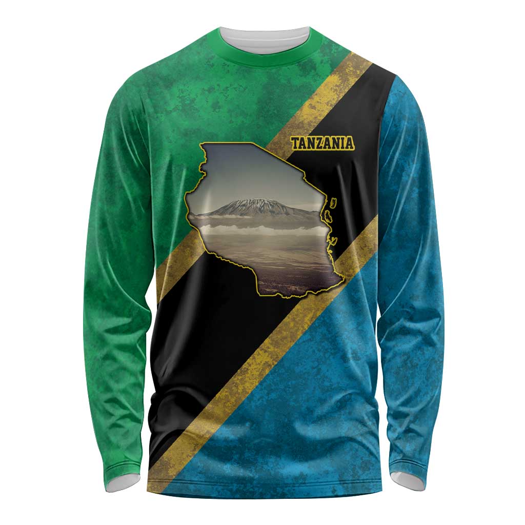 Kilimanjaro Tanzania Long Sleeve Shirt Grunge Flag Map of Tanzania - Wonder Print Shop