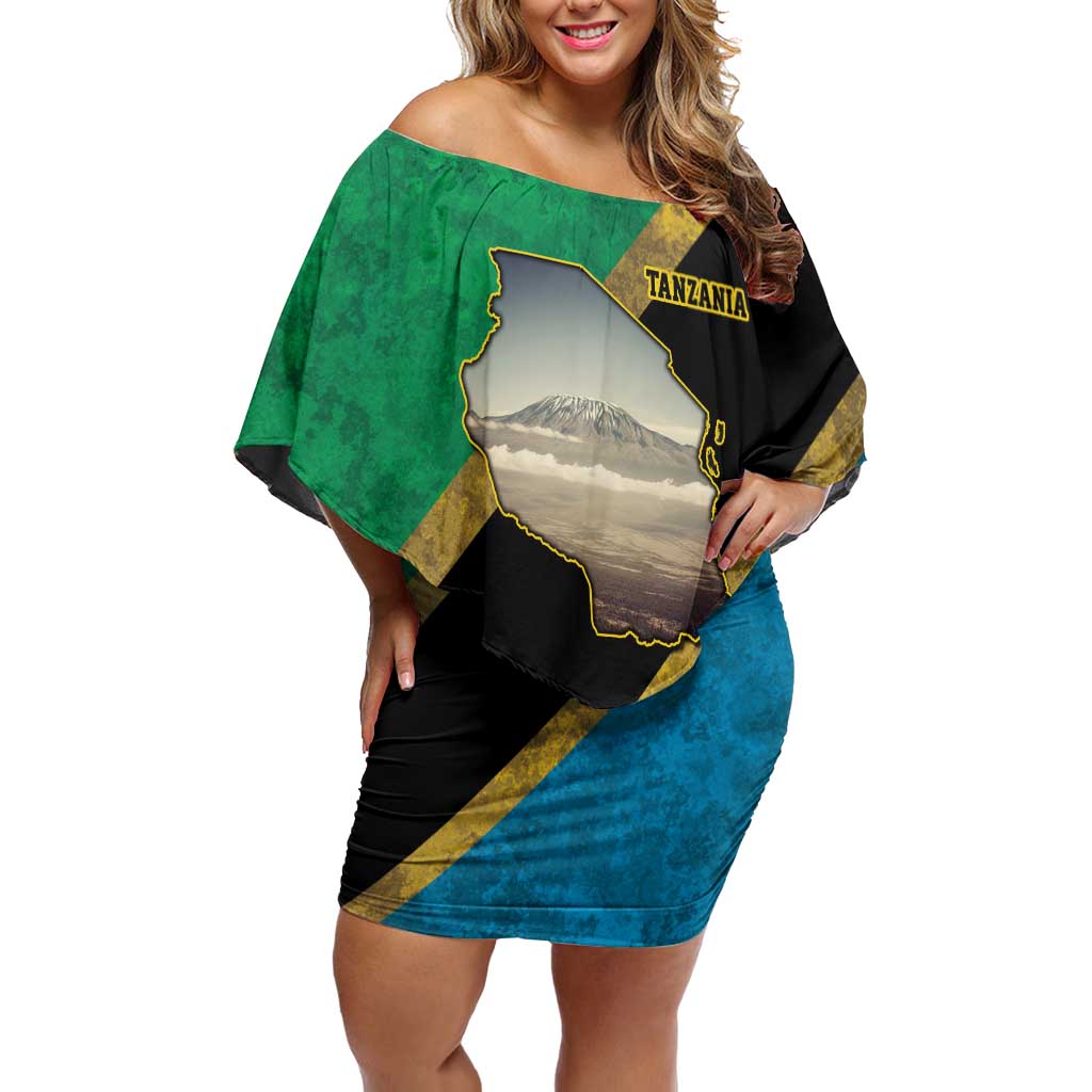 Kilimanjaro Tanzania Off Shoulder Short Dress Grunge Flag Map of Tanzania - Wonder Print Shop