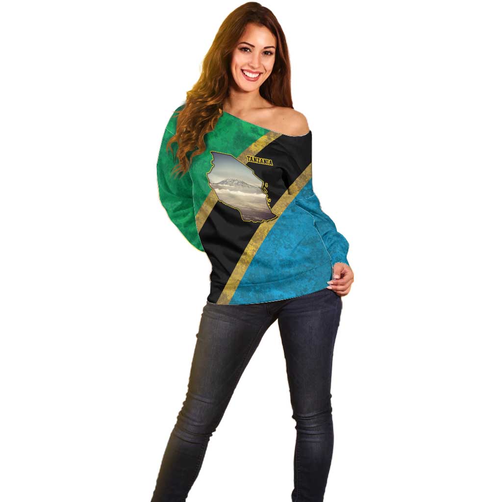Kilimanjaro Tanzania Off Shoulder Sweater Grunge Flag Map of Tanzania - Wonder Print Shop