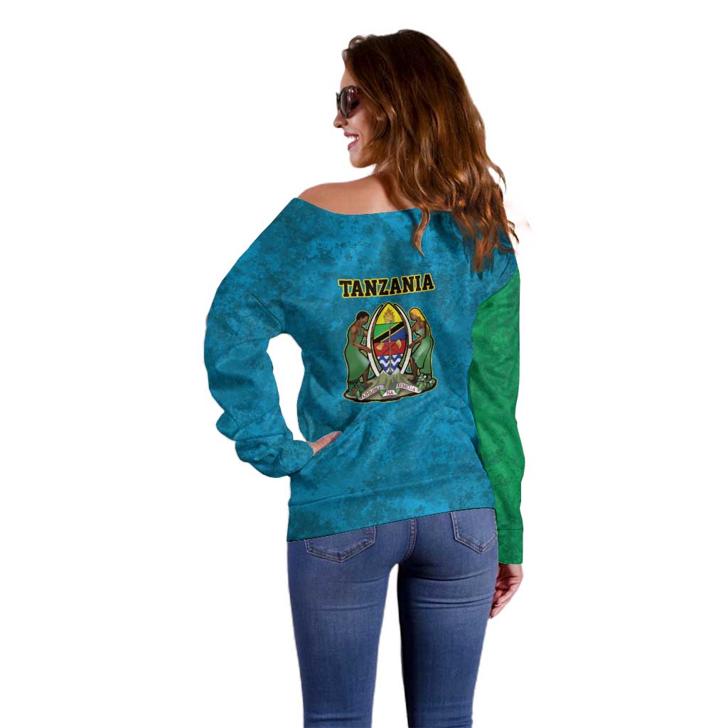 Kilimanjaro Tanzania Off Shoulder Sweater Grunge Flag Map of Tanzania - Wonder Print Shop