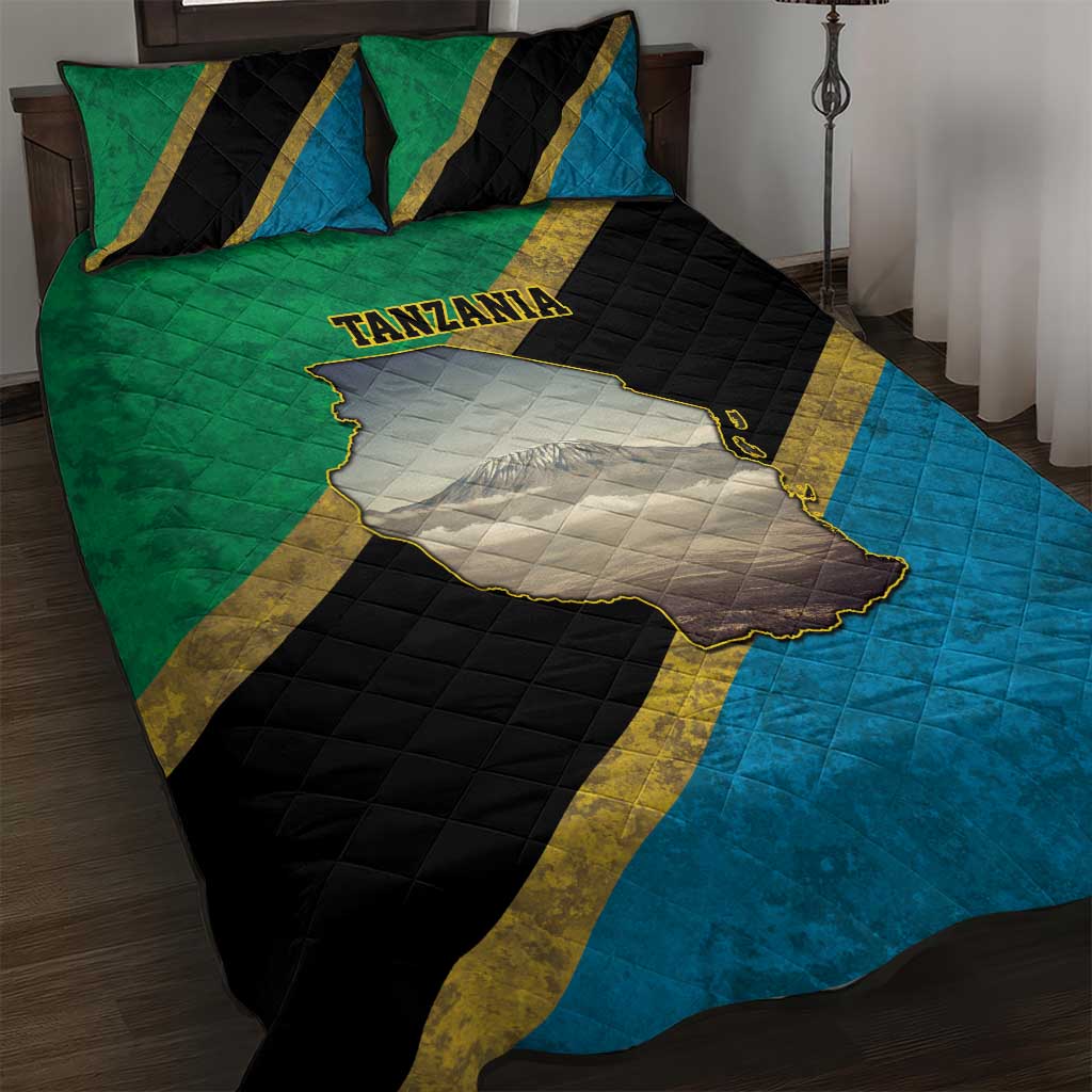 Kilimanjaro Tanzania Quilt Bed Set Grunge Flag Map of Tanzania - Wonder Print Shop