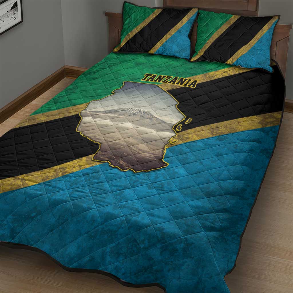 Kilimanjaro Tanzania Quilt Bed Set Grunge Flag Map of Tanzania - Wonder Print Shop