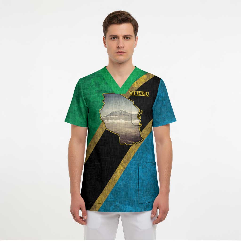 African Volcano Kilimanjaro Tanzania Scrub Top Grunge Flag Map of Tanzania